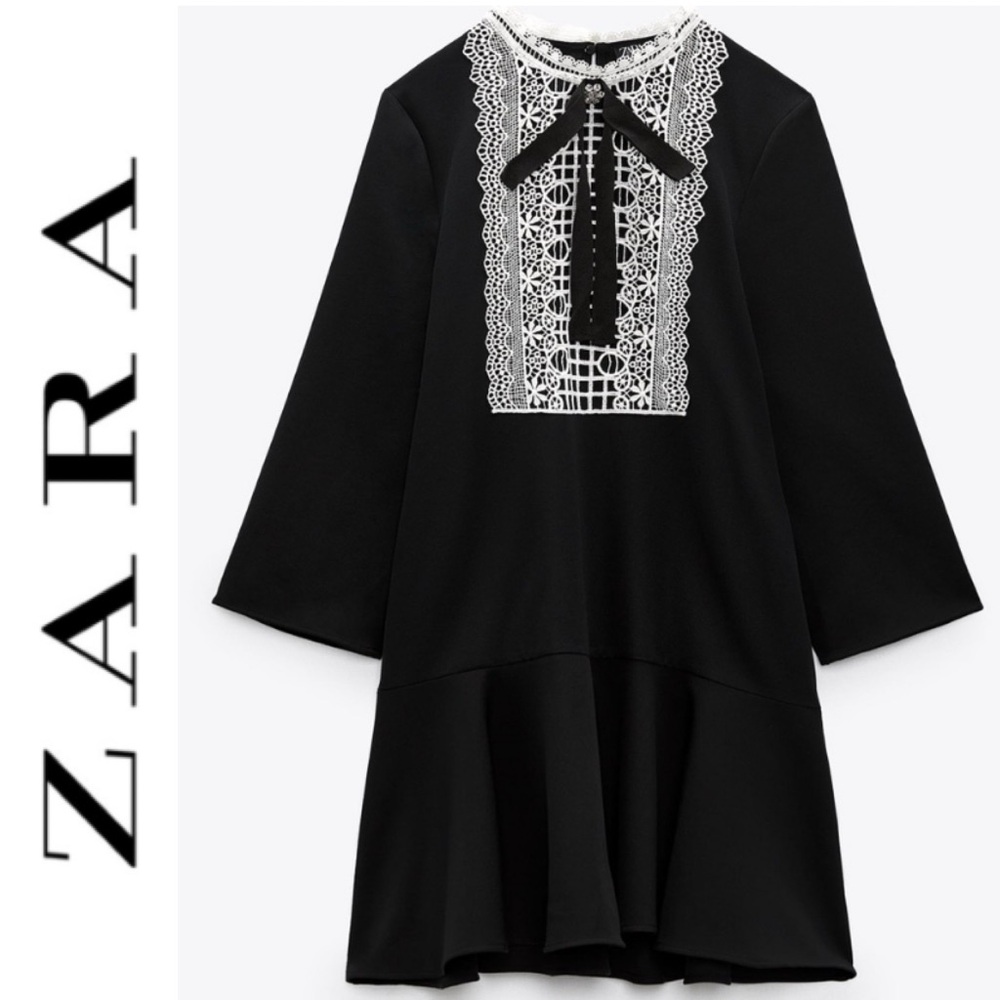 NWT “Zara” Black Mini Dress with Front Lace Detail- S